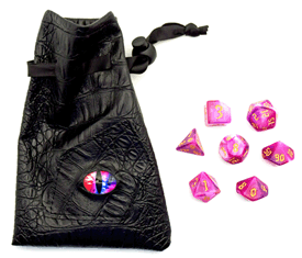 7 Gaming Dice in Embossed Black Bag with Eye on bag